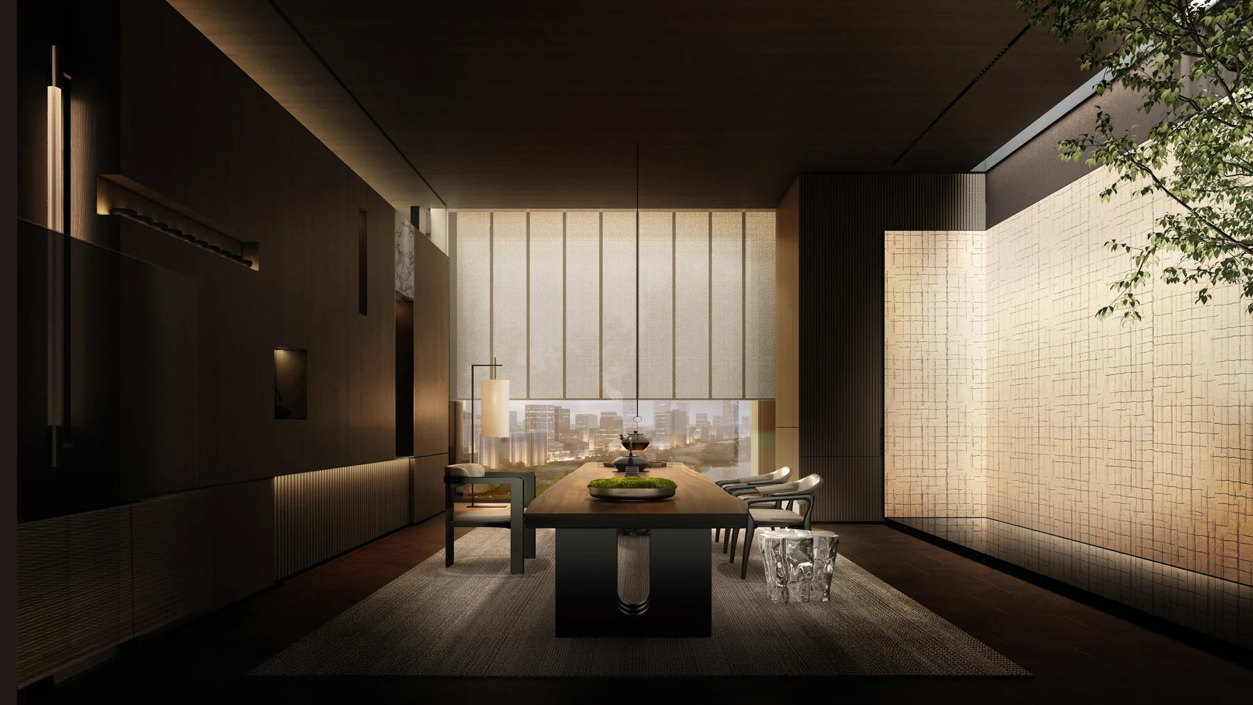 Continuous shading and layered materials in a private tea area