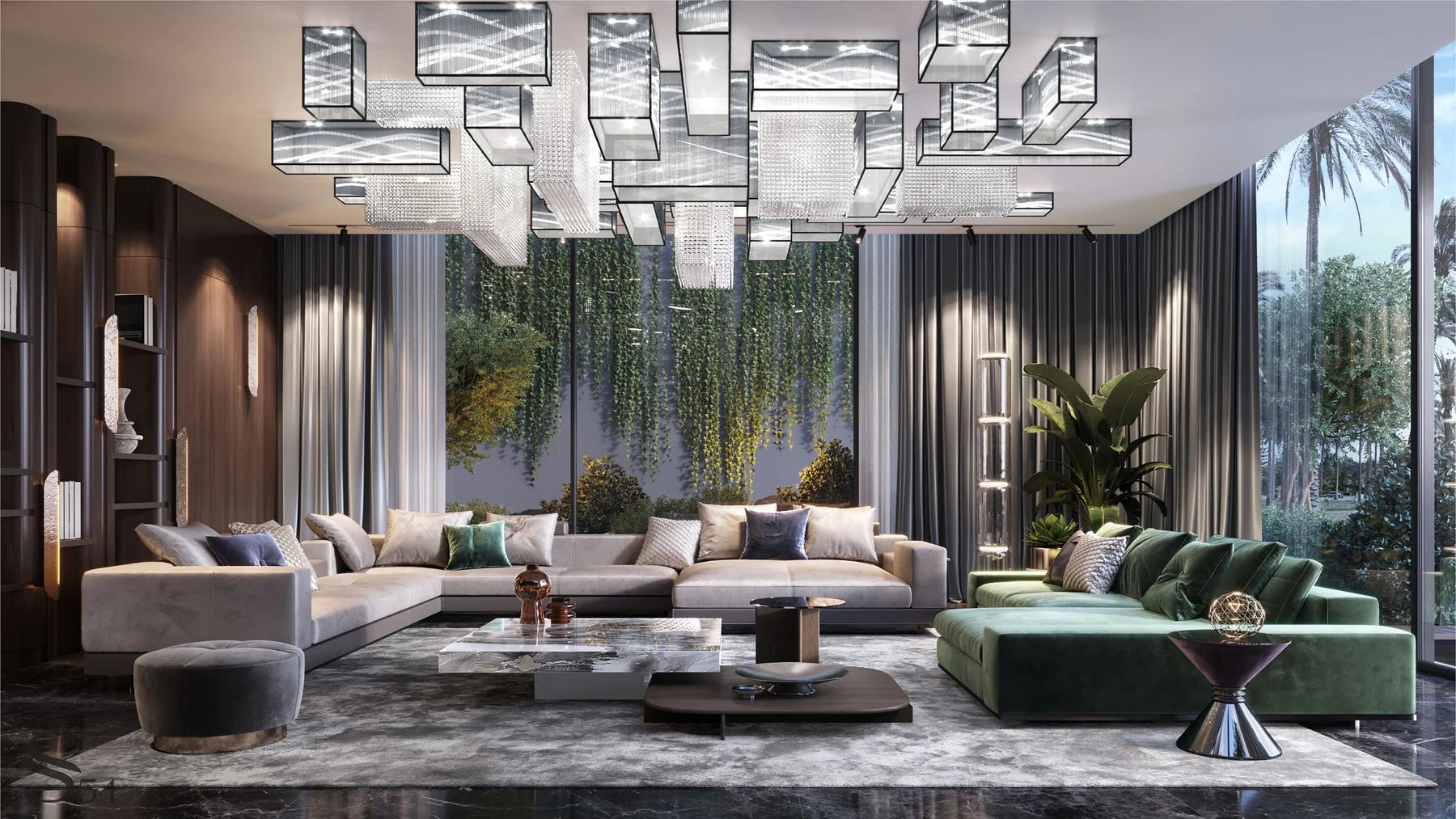 Floor-length sheers and a softly framed view in the lounge