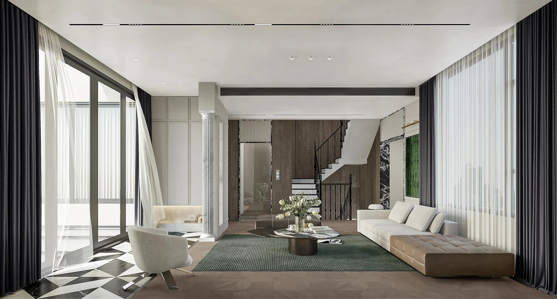 Full-height sheers in a living room with windows on two sides