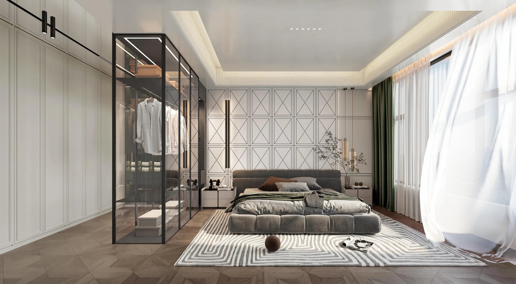 Floor-length sheers across wide bedroom windows and layered interior finishes