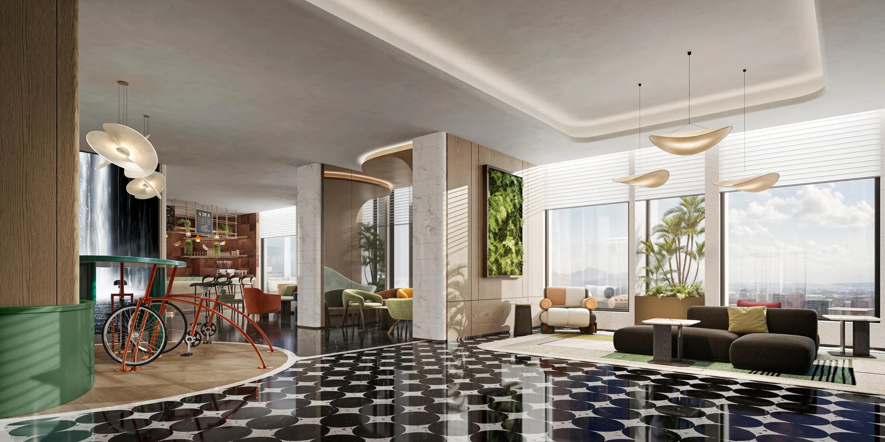 Lobby shared space with an expansive glazed window wall