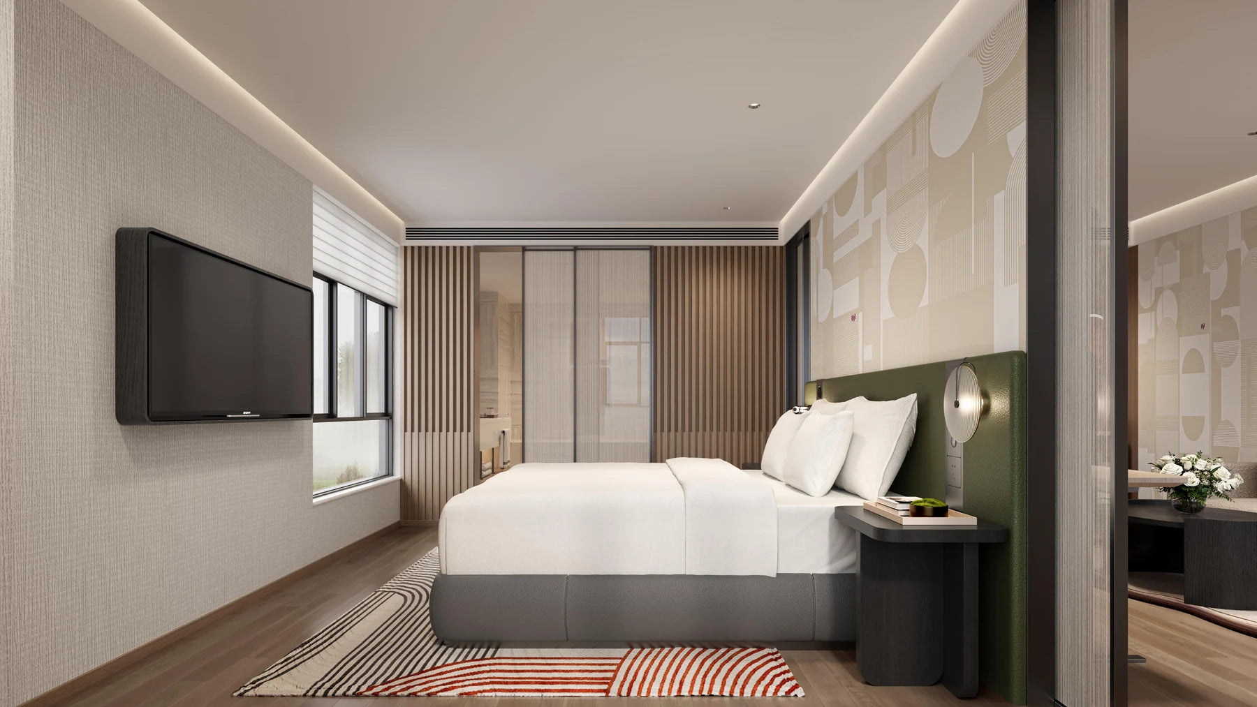 Layered curtains beside the window and bed in a guest room