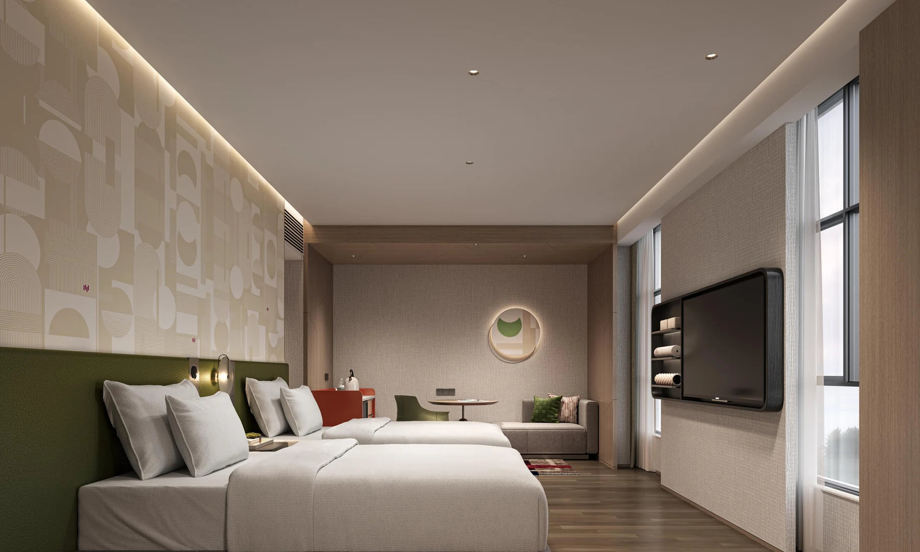 Continuous windows and white window treatments in a twin room