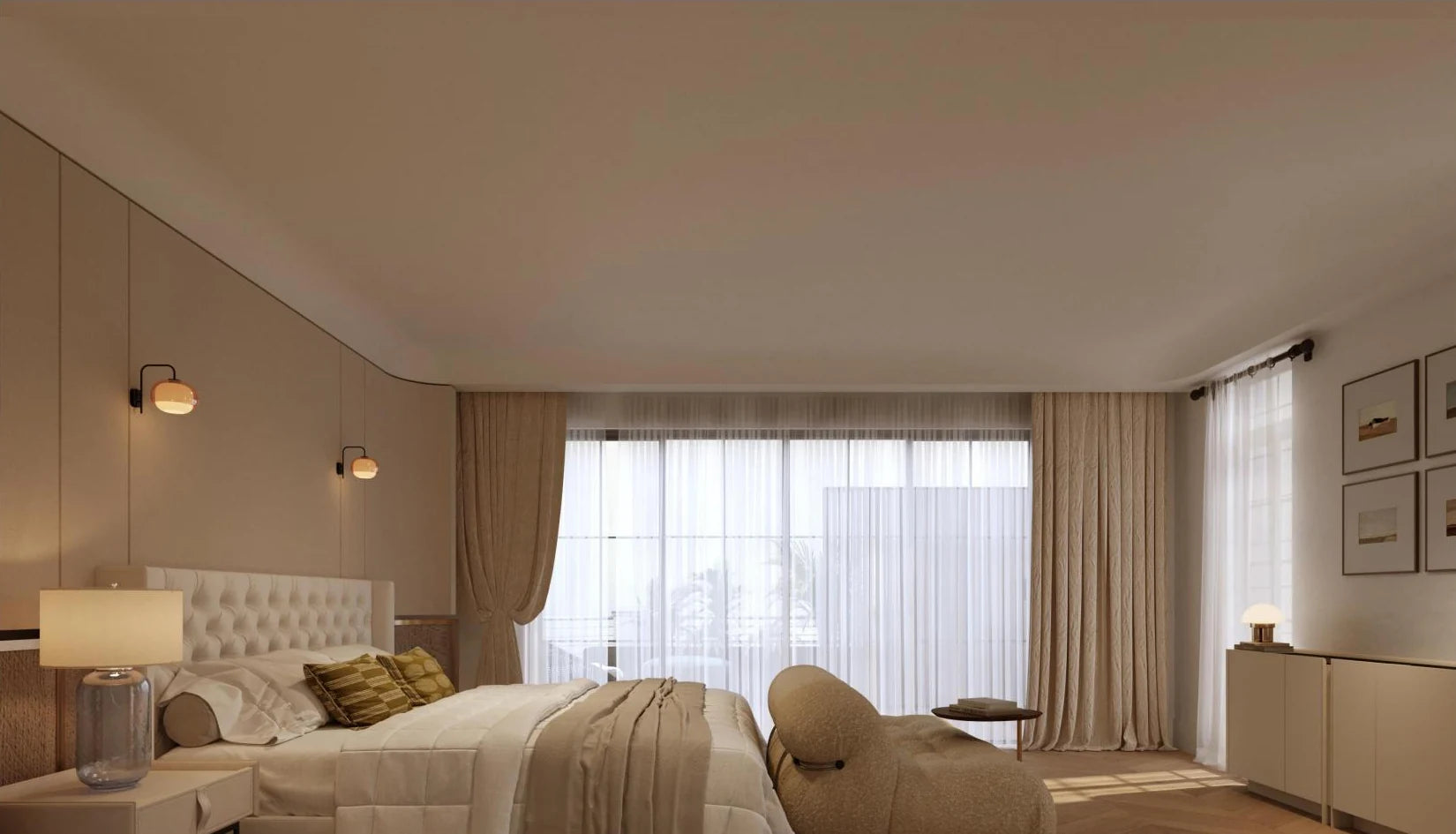Layered drapery and sheers in a warm-toned bedroom