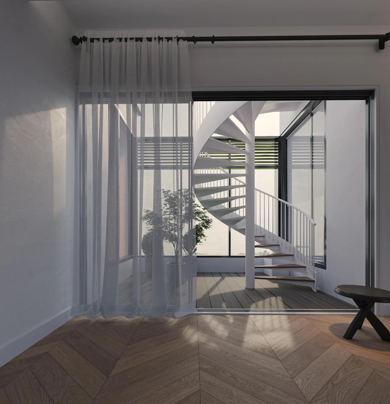 Window-side sheers and layers of daylight in the study