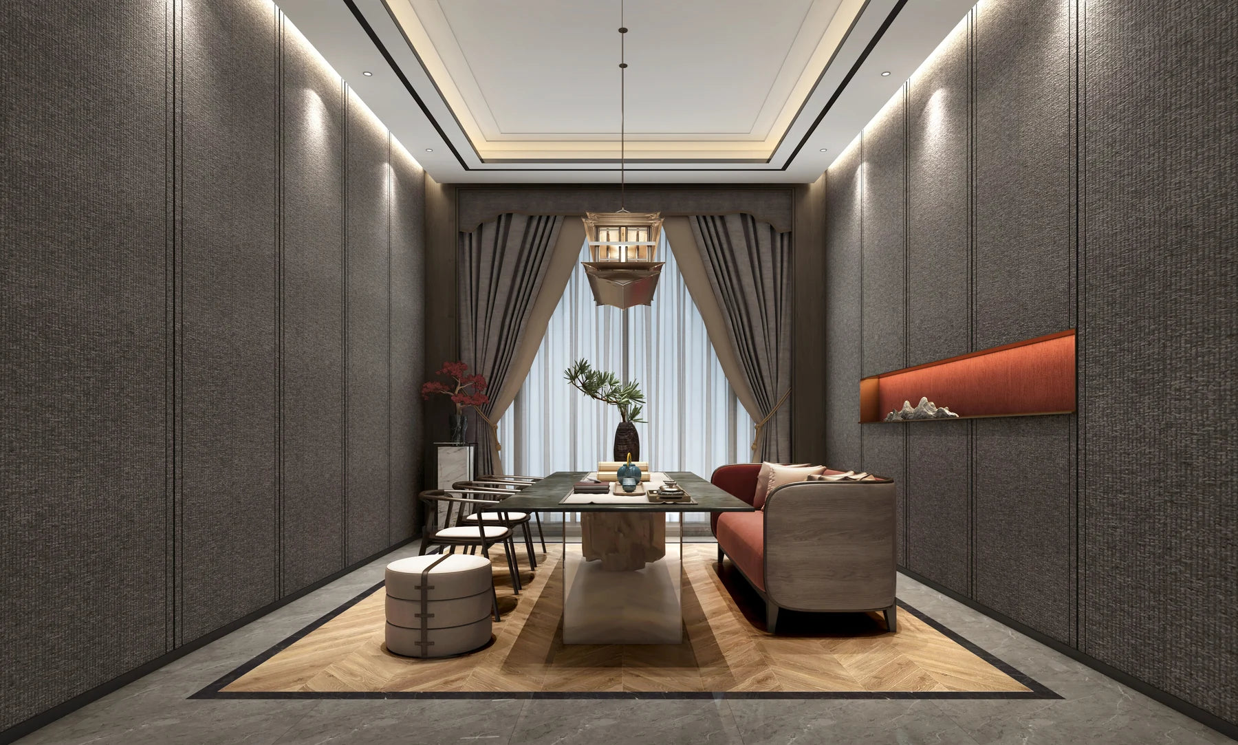 Drapery and sheers in a dark-grey private room