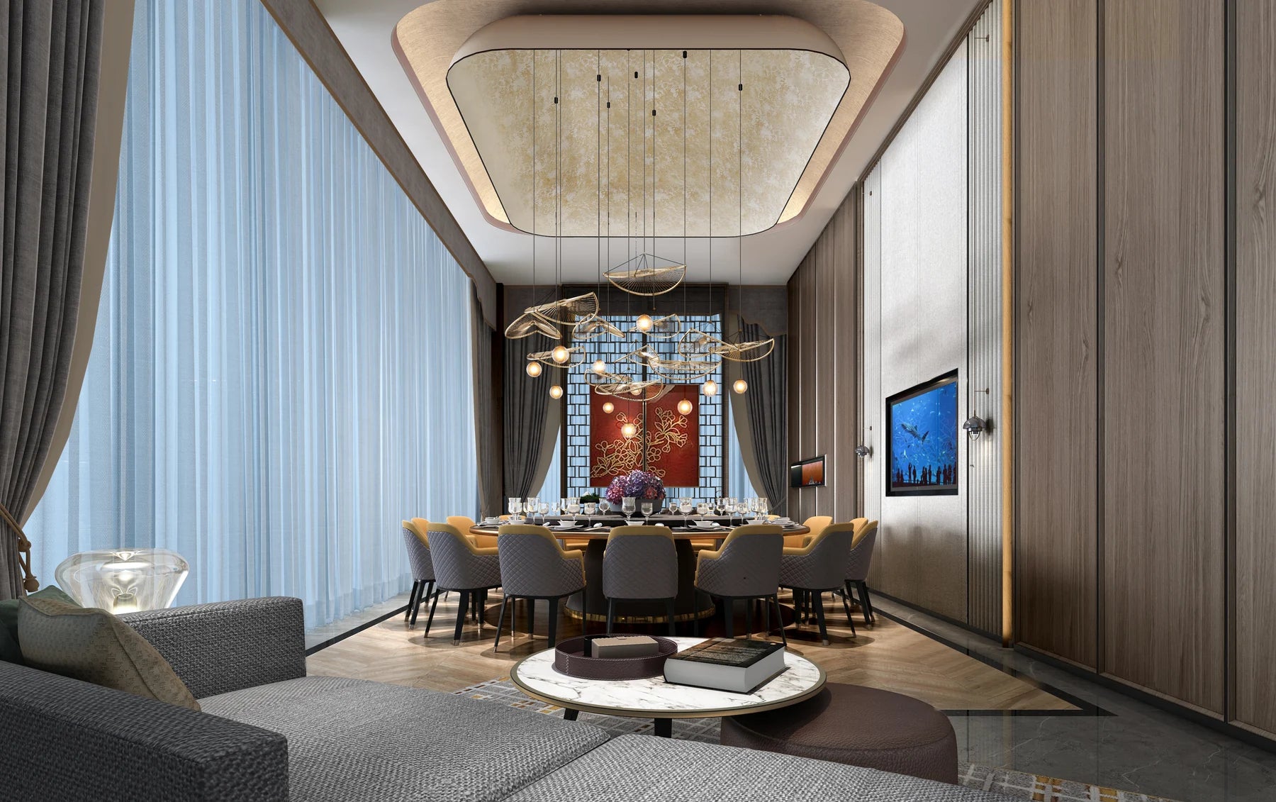 Full-height sheers and side drapery in a private dining room