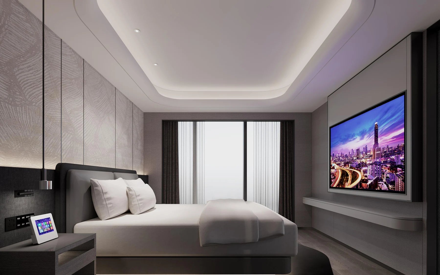 Drapery and sheers beside the window in a suite bedroom