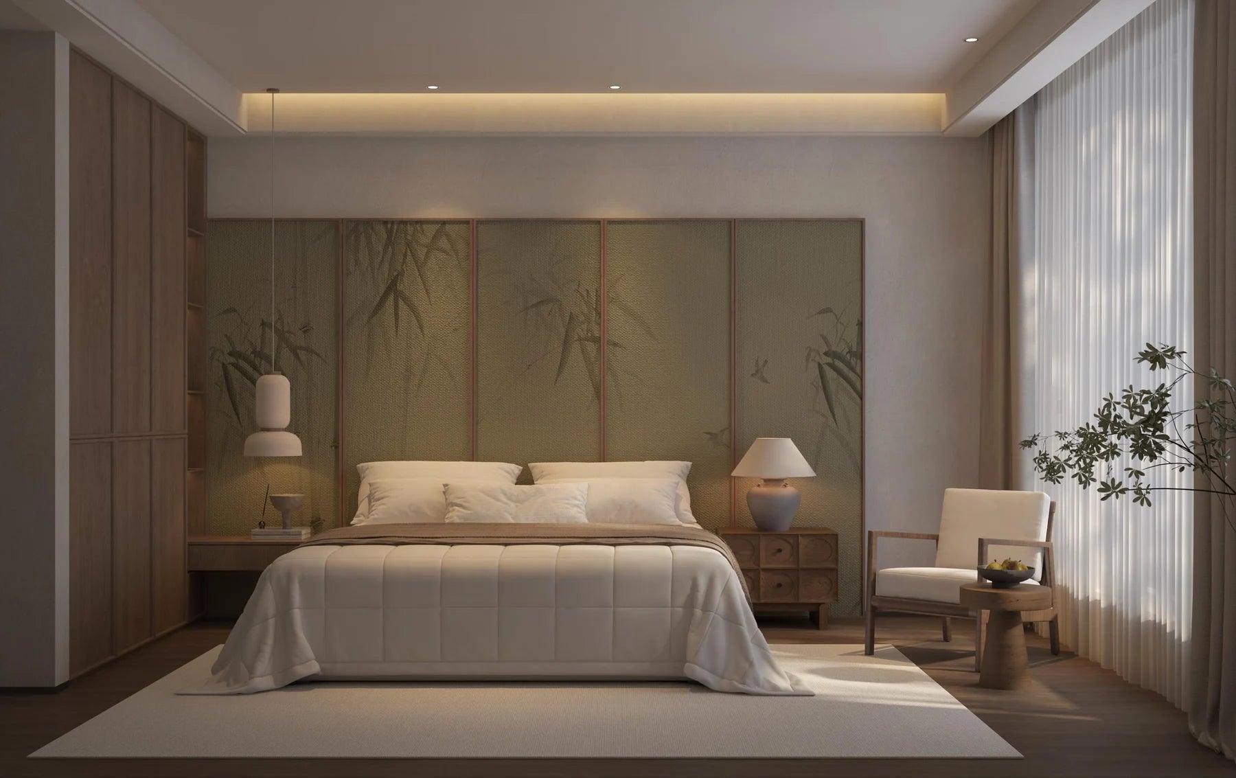 Drapery, sheers and warm lighting in a restful bedroom
