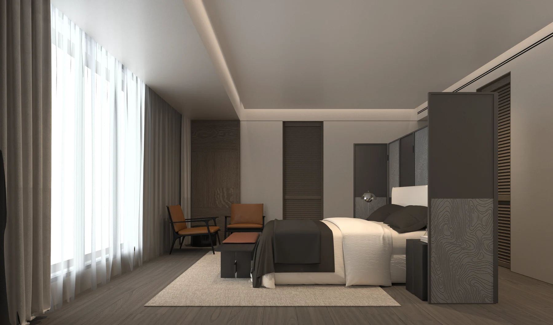 Continuous floor-length sheers in a dark-toned bedroom