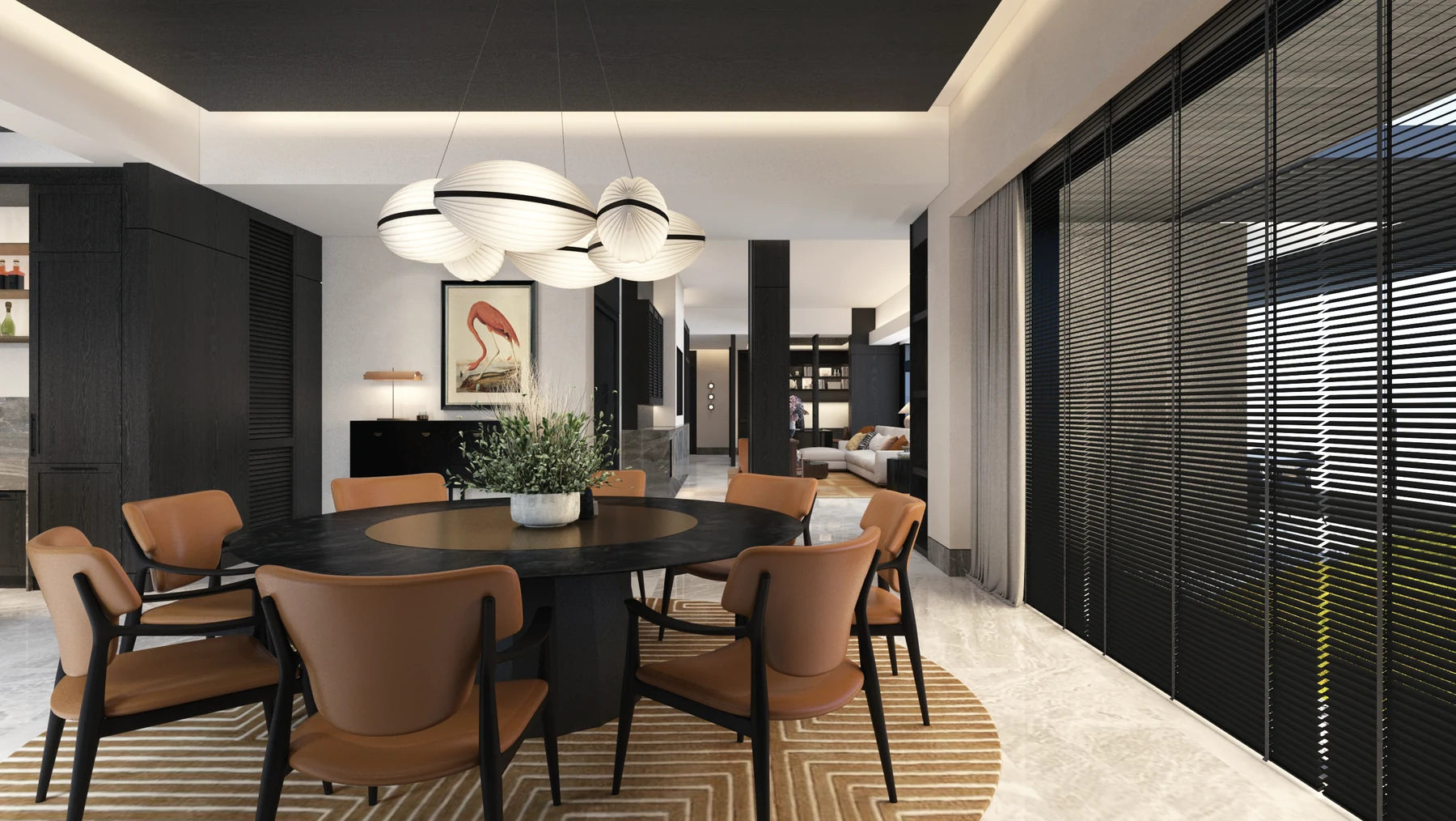 Large dining-room windows with horizontal blinds