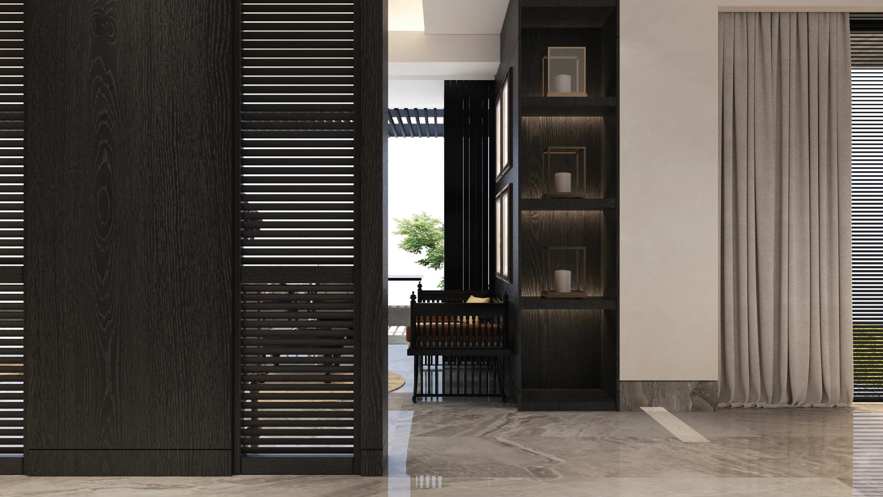 Layers of flowing curtains and dark blinds