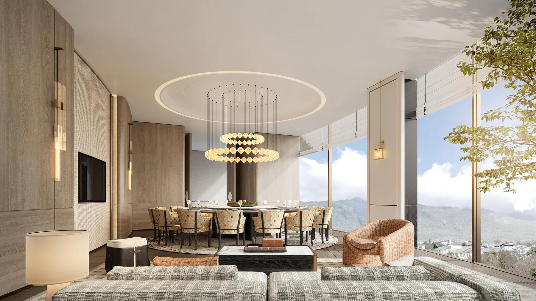 Roman shades and bright full-height windows in the restaurant