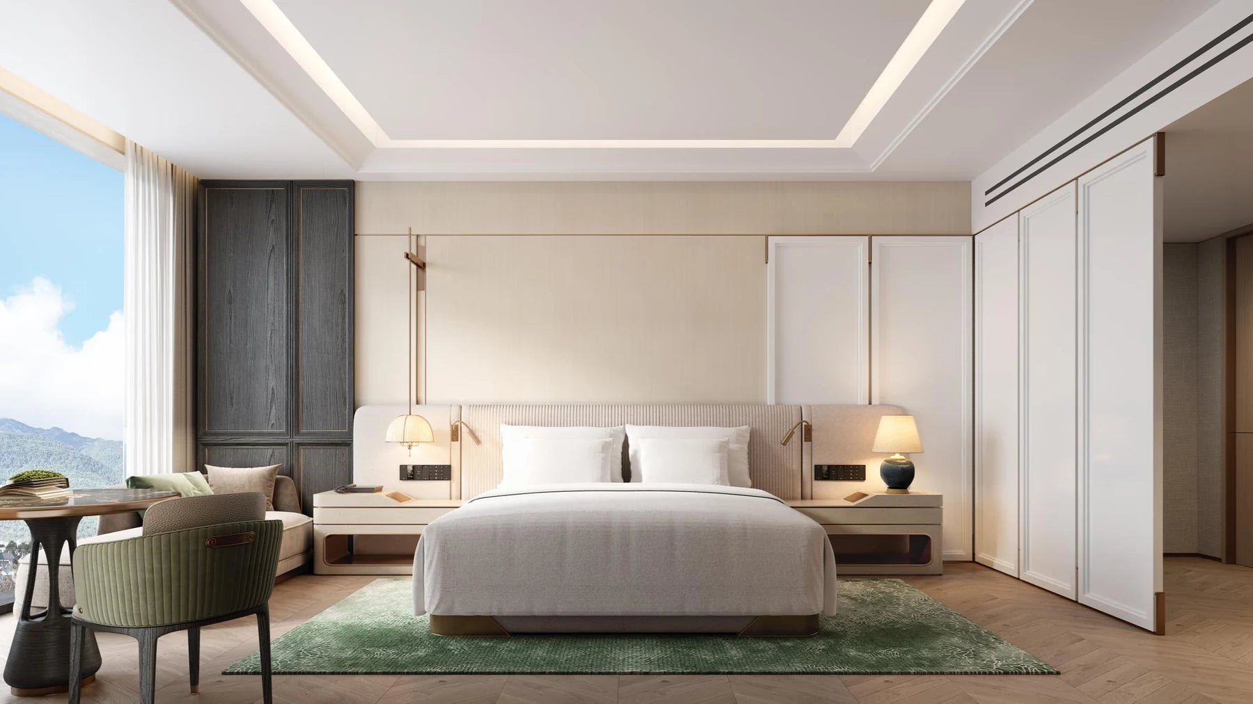 Window-side drapery in a warm-white guest room
