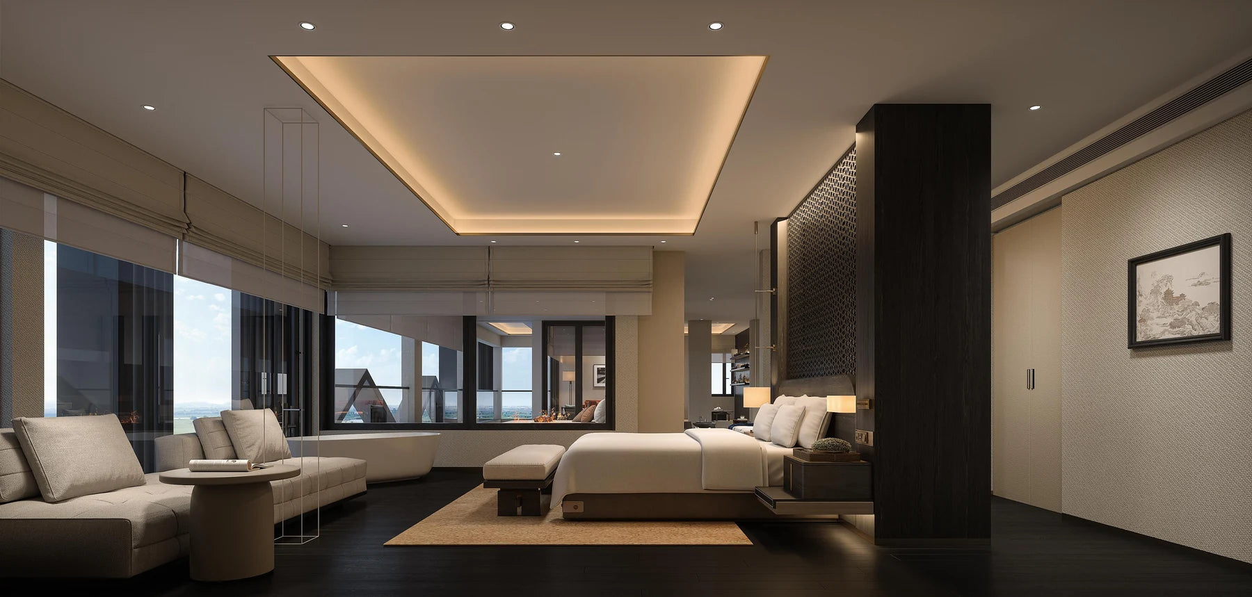 Continuous Roman shades and bed area in a corner suite