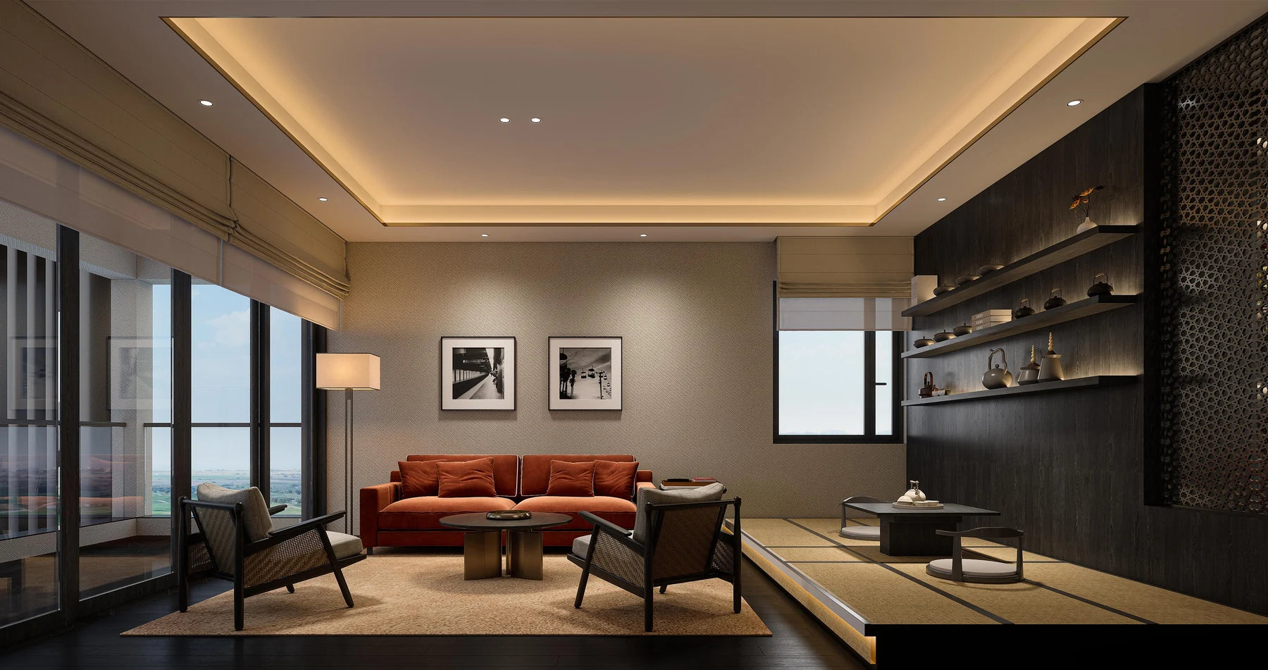 Large continuous windows and Roman shades in the living area