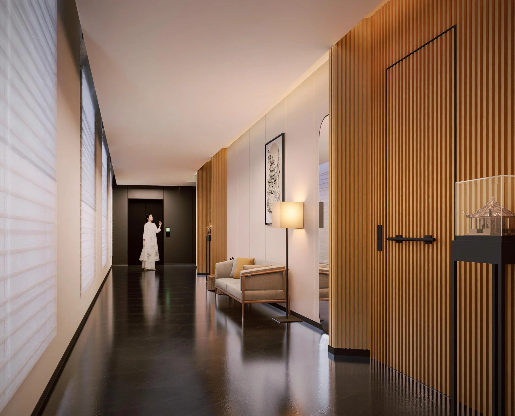 Roman shades along corridor windows and wood finishes