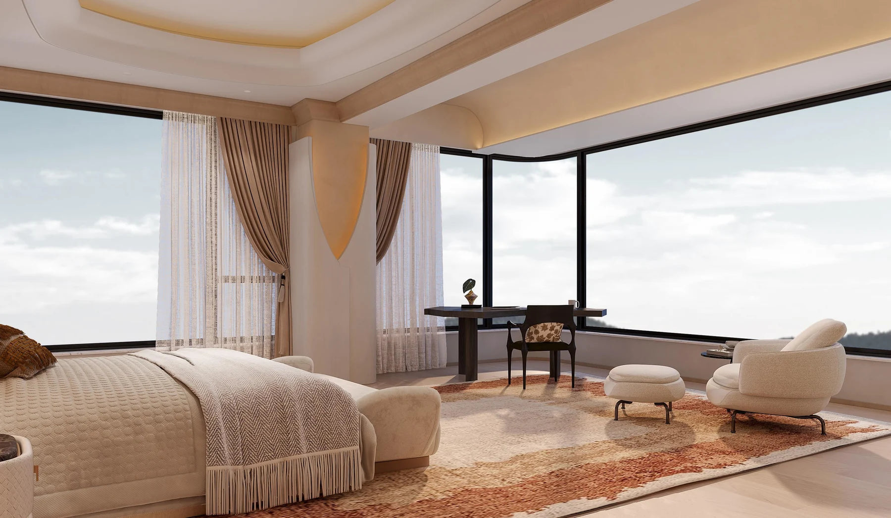 Drapery and sheers at large corner windows in the bedroom