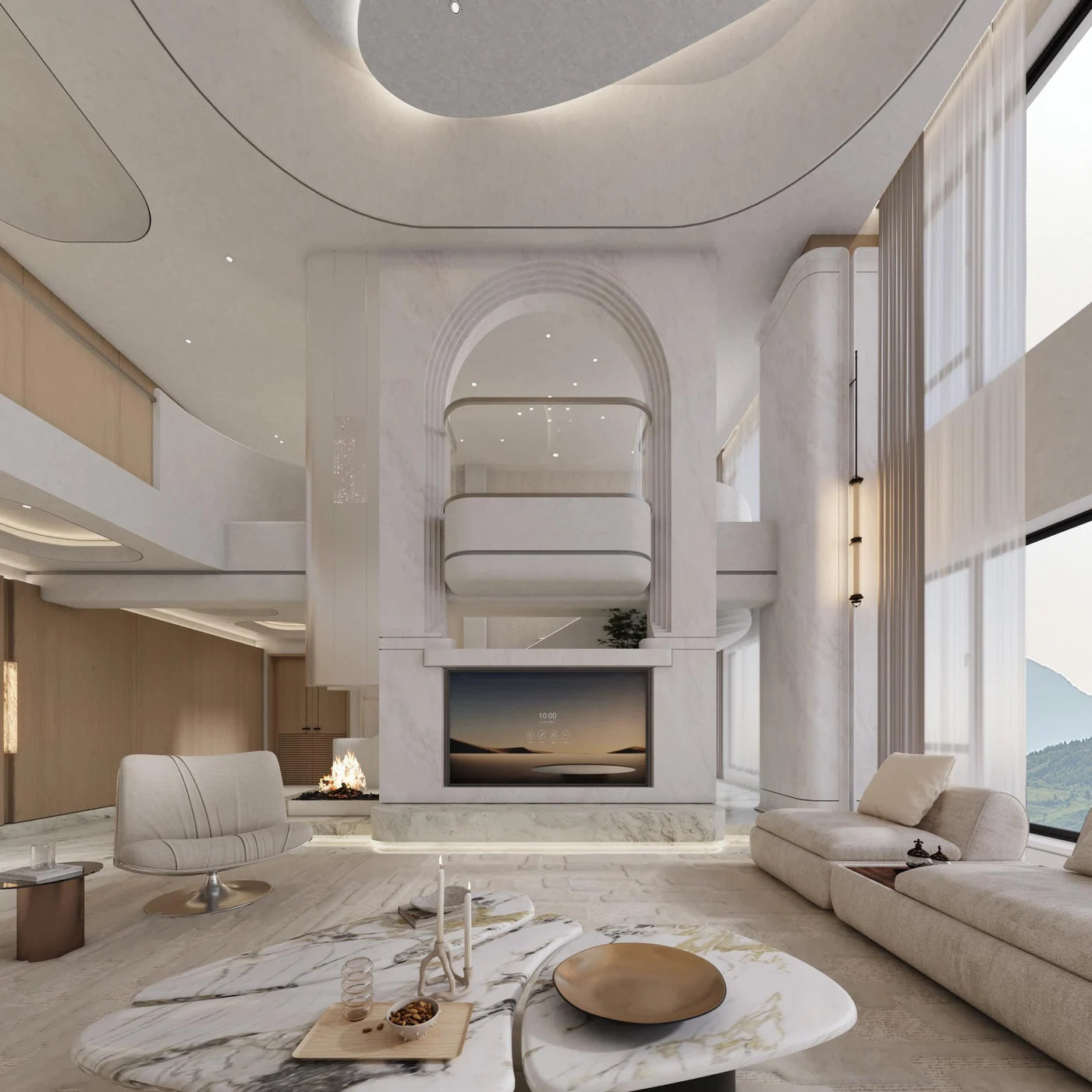 Floor-length sheers in a high-ceilinged living room
