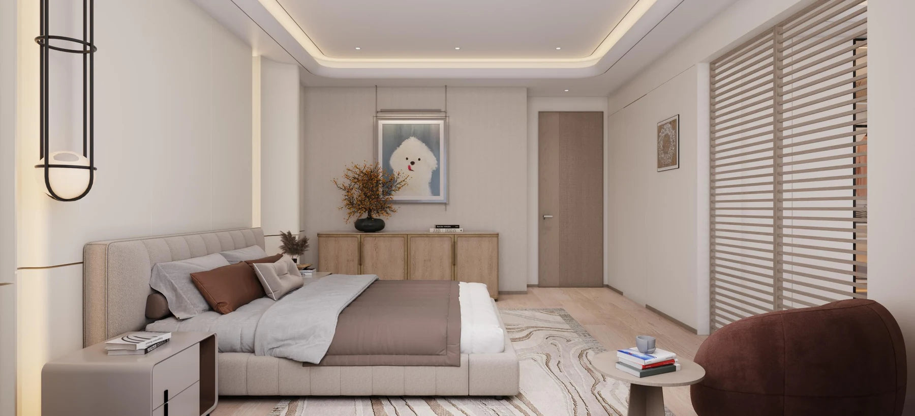 Horizontal blinds in a light-toned bedroom