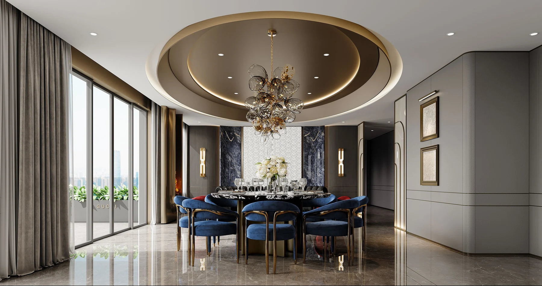 Full-height windows and side drapery in a show-home dining area