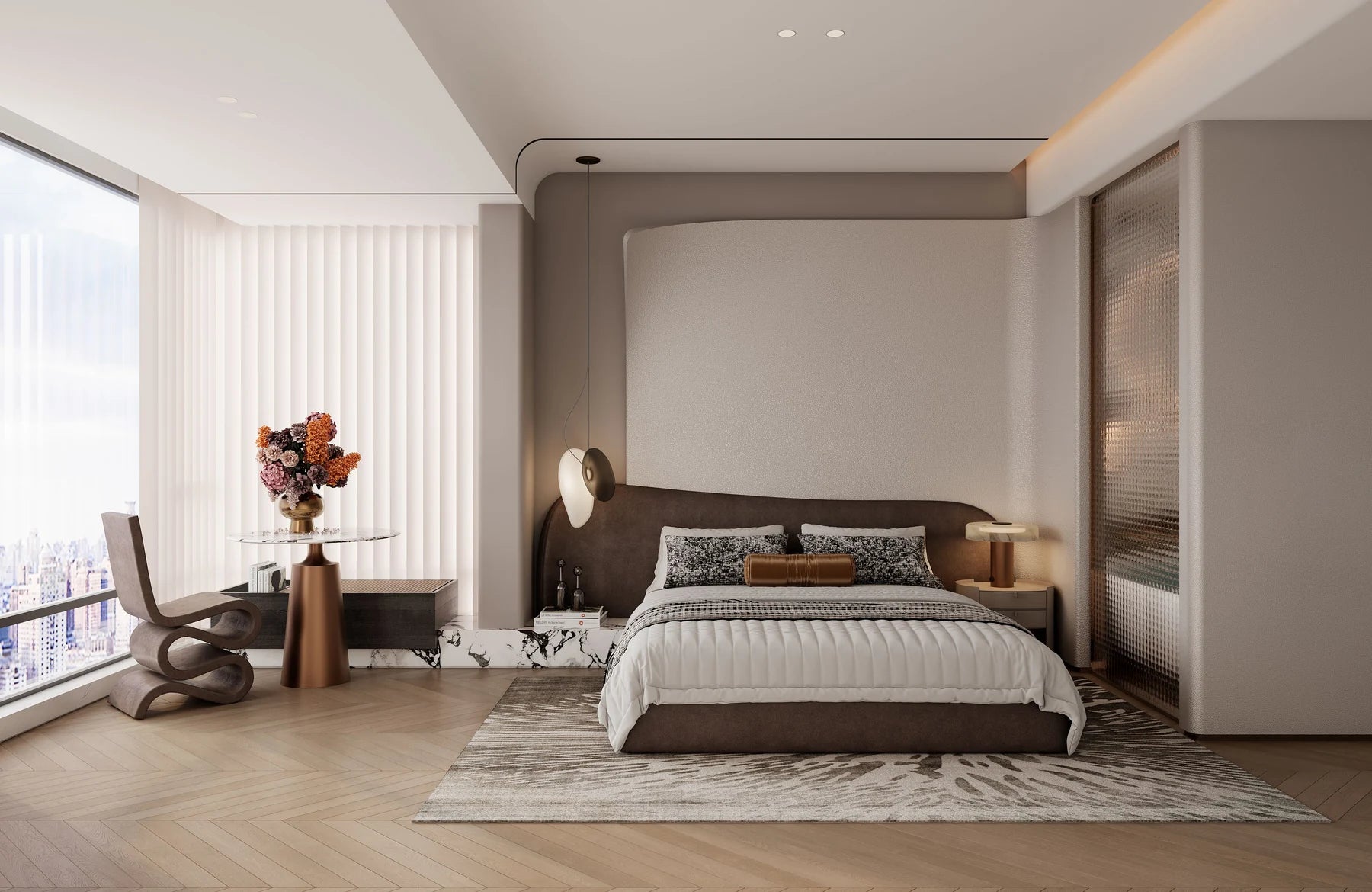 Full-height sheers in a light-toned bedroom