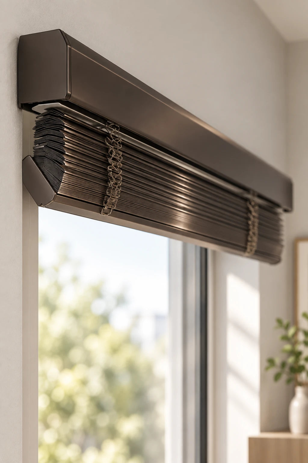 Cordless aluminum blind · Raised slats and headrail