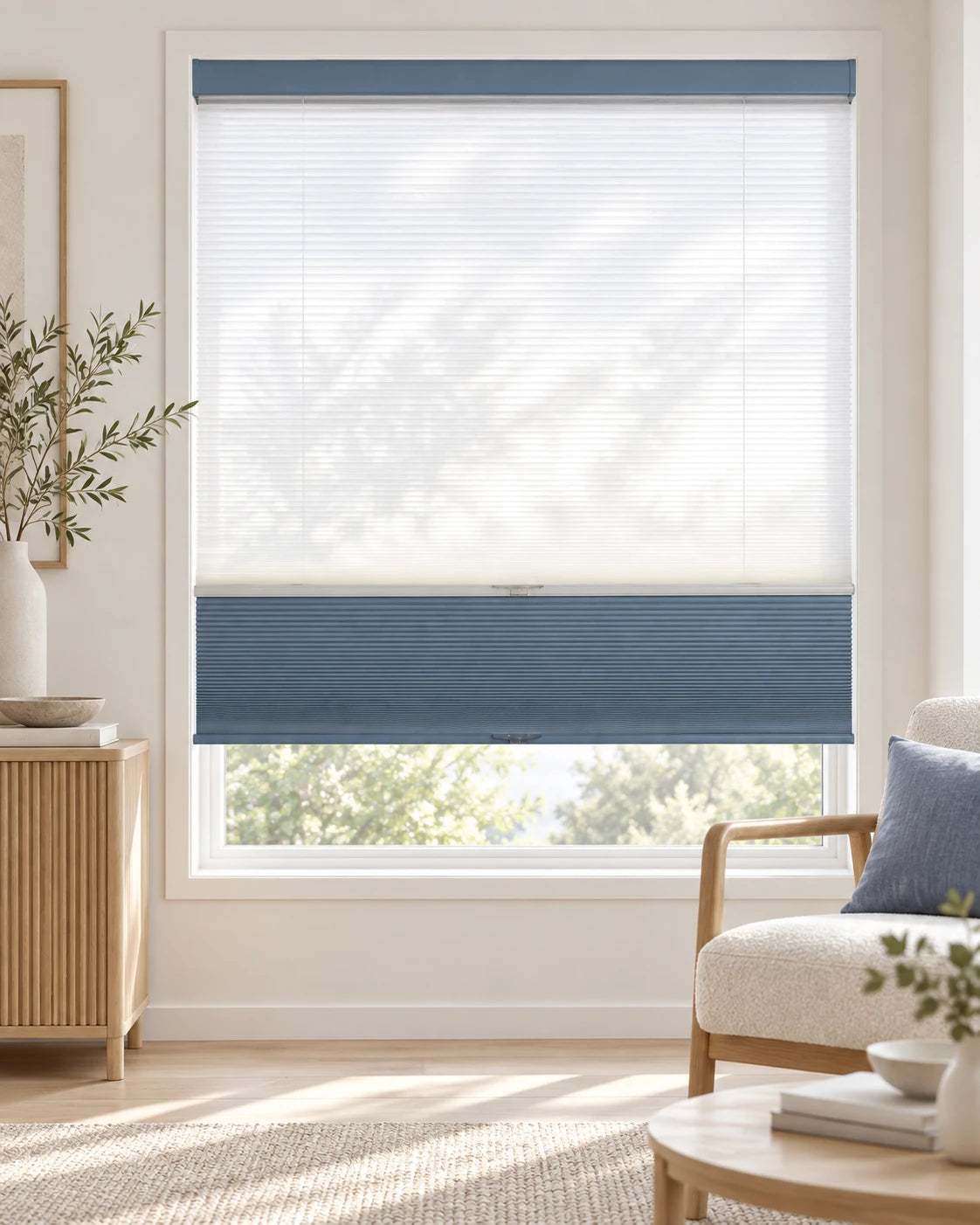 Day-and-night honeycomb shade · Daytime interior view