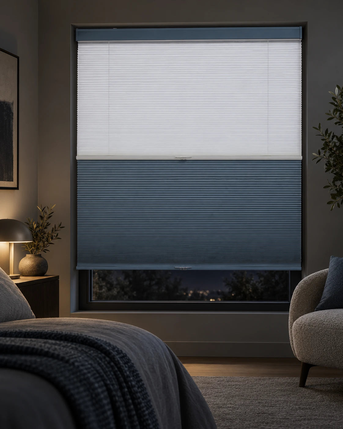 Day-and-night honeycomb shade · Evening interior view