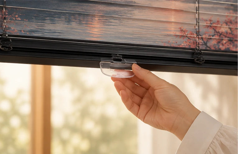 Double-sided printed aluminum blinds · Bottom rail and control detail