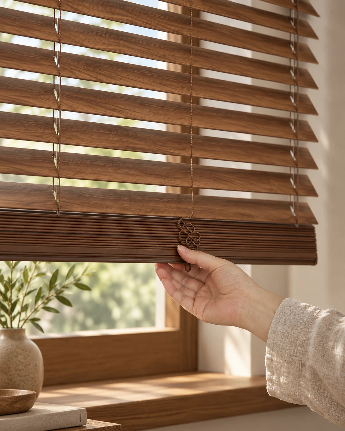 Faux-wood polymer blinds · Bottom rail and control detail