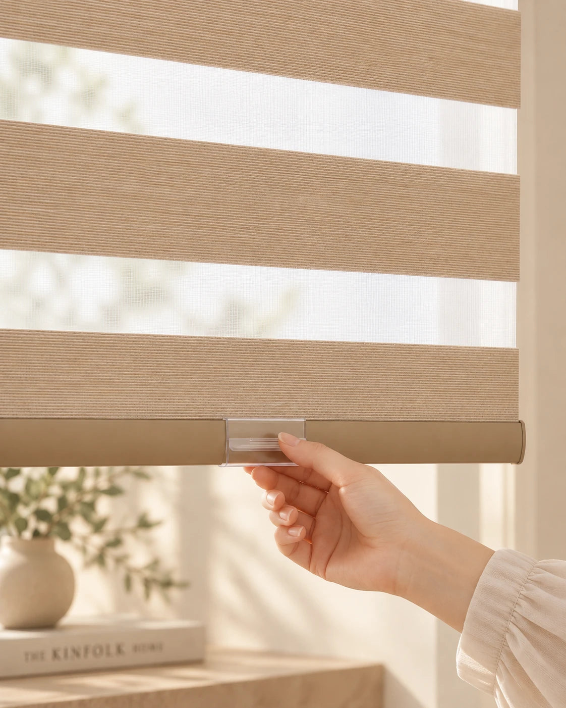 Light-filtering zebra shade · Bottom rail and control detail