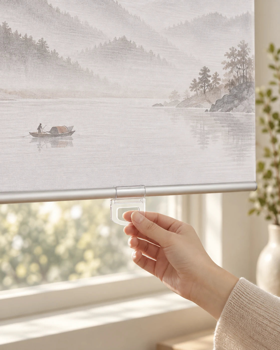 Printed roller shade · Bottom rail and control detail